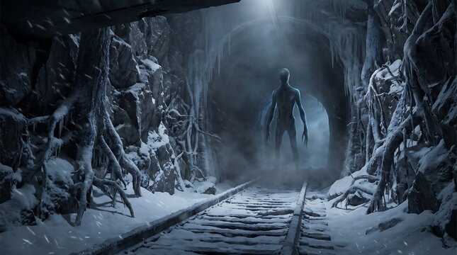 Winter Backgrounds Horror Showing a Mysterious Shadow Figure on Abandoned Snow Covered Railway Tracks in Heavy Fog