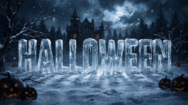 Winter Backgrounds Horror Featuring Icy Halloween Typography, a Haunted Castle and a Moonlit Snow Covered Forest