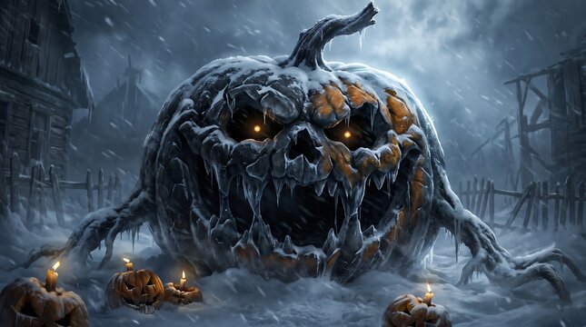 Snow Horror Halloween Background Featuring a Giant Decayed Pumpkin Monster in a Snow Covered Abandoned Village