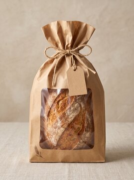 Fresh Artisan Bread Loaf in Brown Paper Bag with Window and Tag