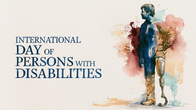 International Day of Persons with Disabilities watercolor awareness banner featuring a standing man with a prosthetic leg