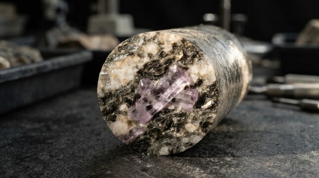 Cut drill core sample showing mineral veins with translucent crystals and dark mica flakes in a geology laboratory, concept of mineral exploration and earth science research