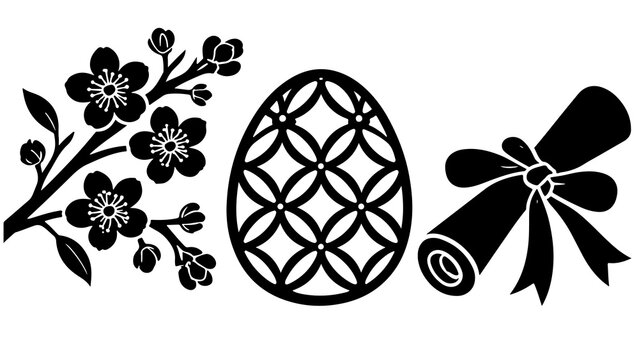 Black silhouette easter egg spring blossom scroll icons