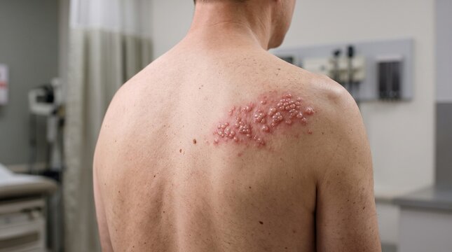Clinical photograph of herpes zoster (shingles) on an adult patient's upper back, showing clustered fluid-filled vesicles on an erythematous base.