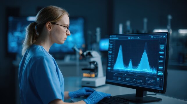 Medium closeup of scientist reviewing PCR amplification curves on computer display clear graphical data in foreground blurred lab interior emphasizing focus on results.