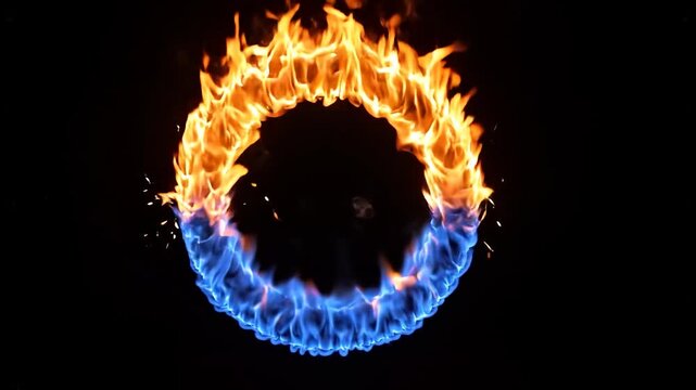 Circular ring of orange and blue flames burning against pure black background