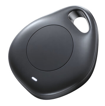 Sleek black wireless tracking tag with locator button and keyring hole