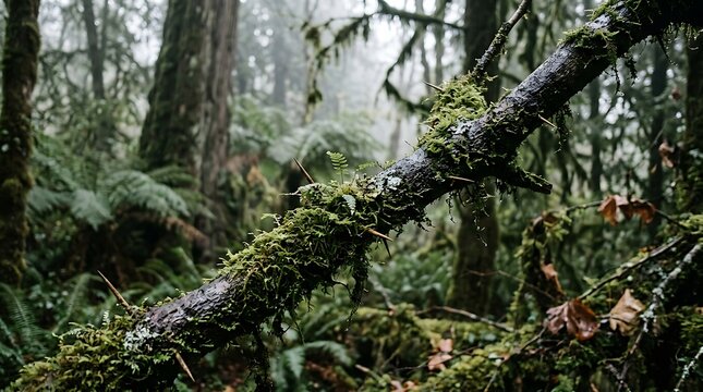 Mossy tree branch lies horizontally across the dense temperate rainforest.