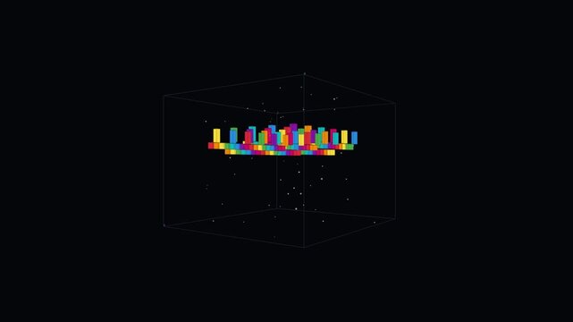 3D colorful audio equalizer bars wave dancing inside wireframe box loop