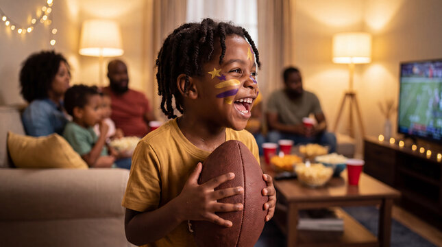 A happy child with gold and purple face paint holds a football and laughs during a Big Game party celebration with family at home, fun sports marketing.