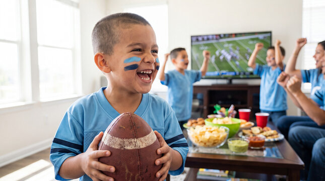An energetic boy with sky blue and navy face paint laughs while holding a football at a home football game party celebration with family, fun sports marketing.