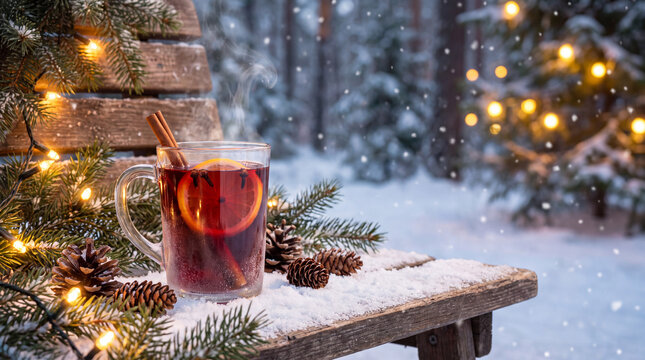 A glass mug of steaming mulled wine with cloves sits on a snowy bench with string lights, a warm festive Christmas winter holiday drink for celebration.