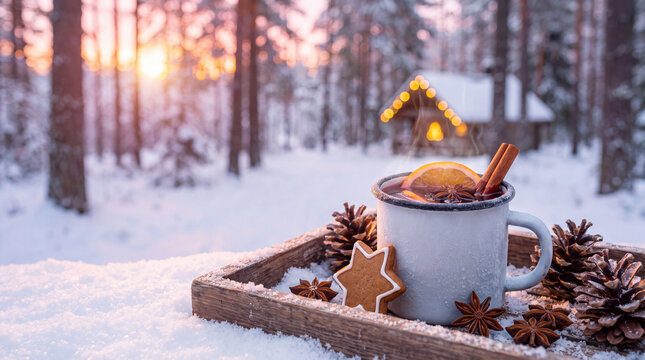An enamel mug of warm mulled wine with orange and star anise rests on a tray in snow at sunrise, a festive Christmas winter holiday drink for marketing.