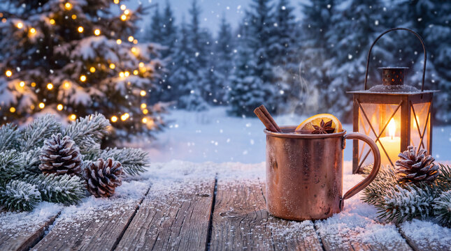 A copper mug of warm mulled wine with orange and cloves glows by lantern light in snow, a festive Christmas winter holiday drink for celebration advertising.