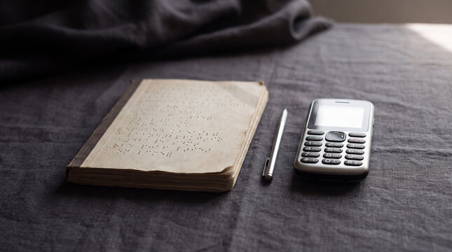 Braille notebook, stylus and tactile phone on dark linen represent World Braille Day awareness for visually impaired education, inclusion and support.