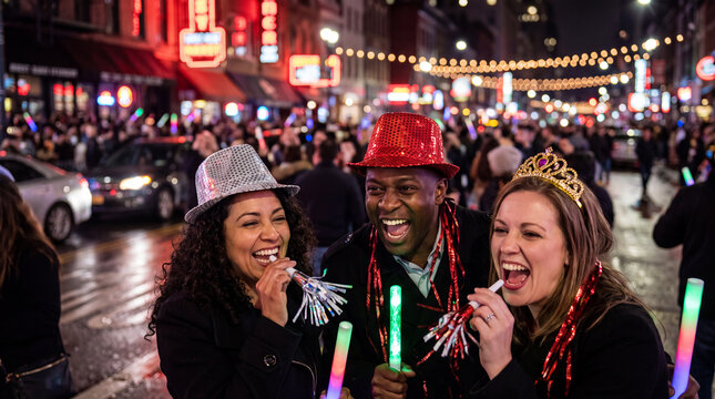 Friends cheer with noisemakers at a New Year's Eve city night party, perfect for happy celebration marketing.