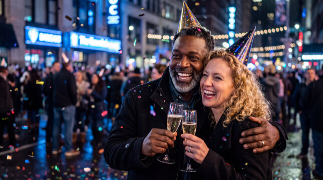 A happy couple embraces with champagne at a New Year's Eve city night party celebration, ideal for festive friends marketing.