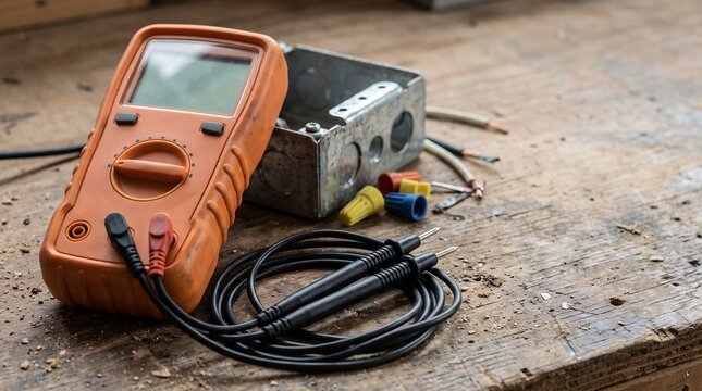 Orange digital multimeter and metal junction box on a rustic wooden workbench