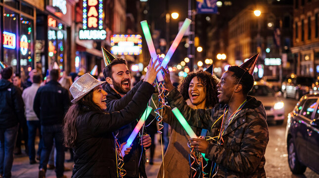 Diverse friends high-five with glow sticks at a New Year's Eve city night party, great for happy celebration marketing.