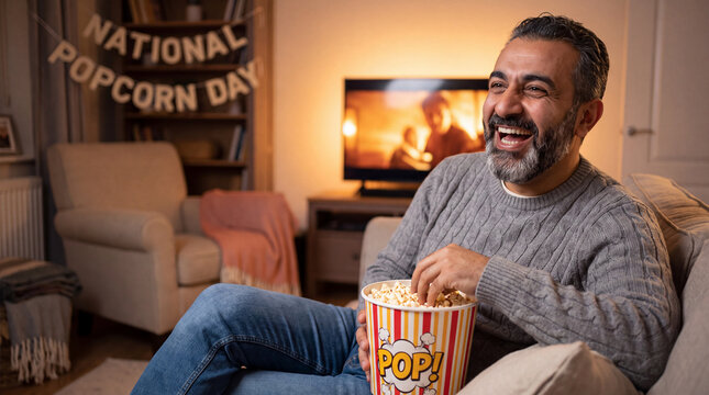 A happy man eats popcorn while watching a movie at home on National Popcorn Day, great for snack marketing.