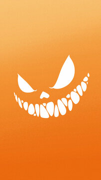 Vertical minimalist Halloween background featuring a creepy monster smile vector illustration with fine grainy particle texture on spooky orange backdrop for mobile screens.