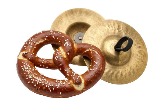 Fresh baked pretzel with salt crystals placed next to brass musical finger cymbals