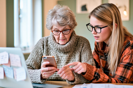 Senior Woman Learning Online Scam Prevention with Adult Daughter