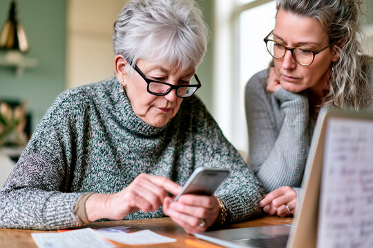 Senior Woman Learning Online Scam Prevention with Adult Daughter