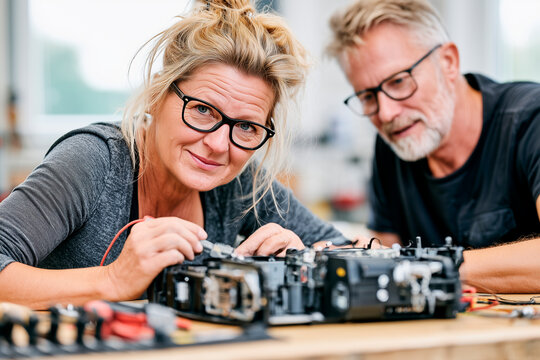 Mature Woman Learning Electronics Repair in Technical Workshop