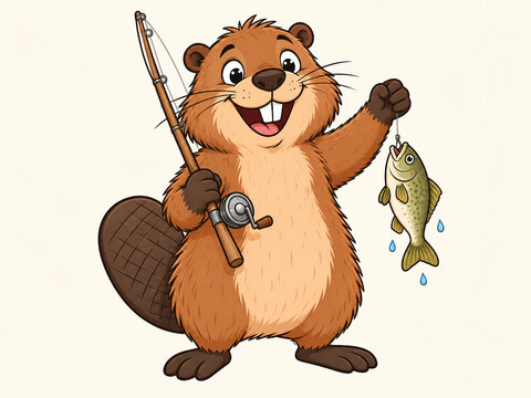 Cheerful cartoon beaver holding a fishing rod with a freshly caught fish on a plain background.