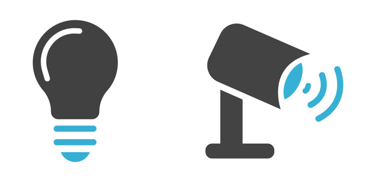 Smart light bulb and security camera icons set for smart home concept flat design