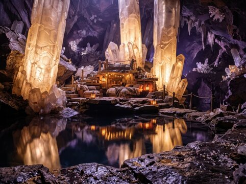Crystal Cavern Retreat with Lantern Light and Reflection