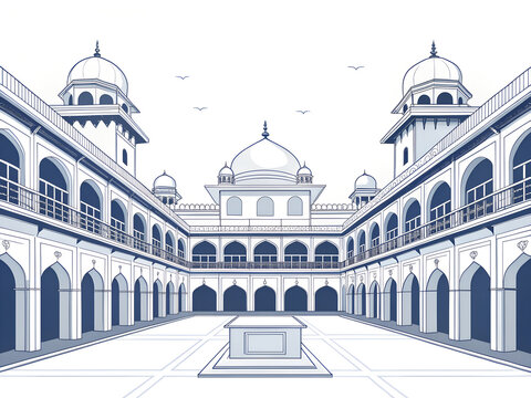 symmetrical palace courtyard with arches, balconies and domes, simplified architectural forms, modern minimal vector illustration