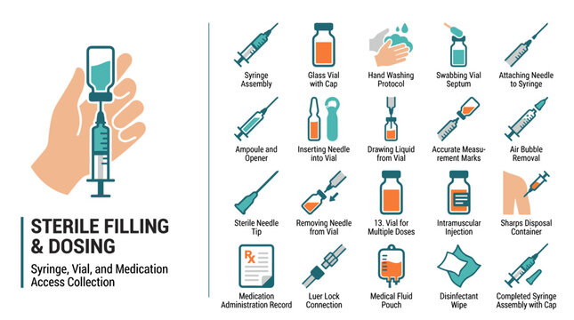 Sterile Filling and Dosing Syringe Vial Medical Procedure Icon Collection