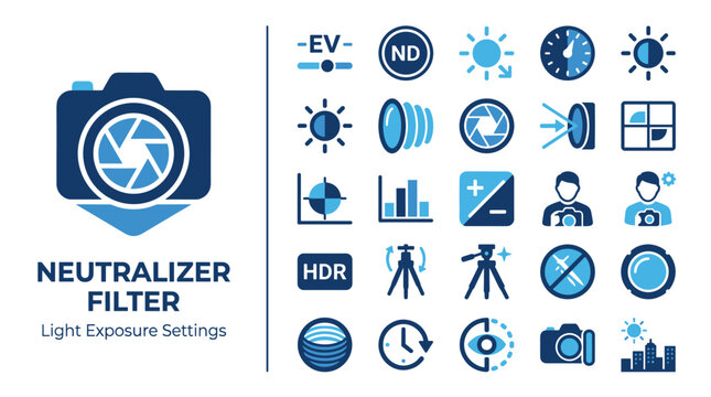 Neutralizer Filter Photography Icon Set Illustrating Light Exposure and Camera Settings