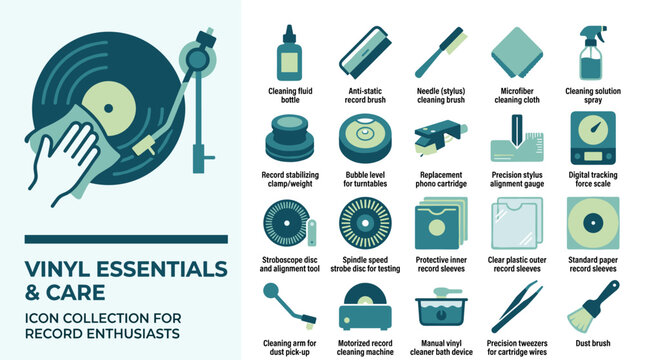 Vinyl Record Care Icon Collection Featuring Essential Cleaning and Maintenance Tools