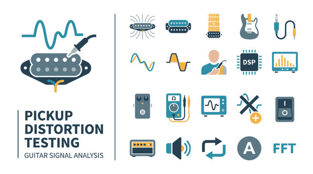 Pickup Distortion Testing Guitar Signal Analysis Flat Design Icon Collection Set