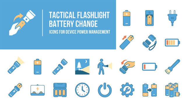 Tactical Flashlight Battery Change Icon Set for Power Management and Device Graphics