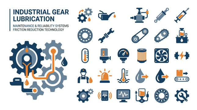 Gear Lubrication Icon Set for Industrial Maintenance and Friction Reduction Systems