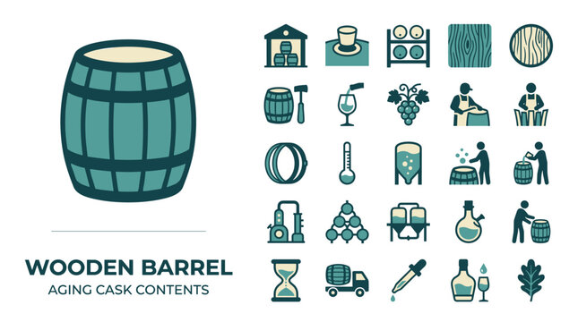 Wooden Barrel Aging Icon Set Featuring Distillery Cask Contents and Production Symbols