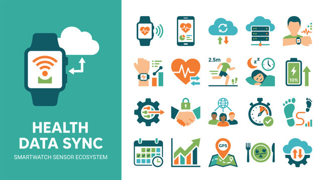 Smartwatch Fitness Data Sync Icons Illustrating Sensor Ecosystem and Wearable Devices