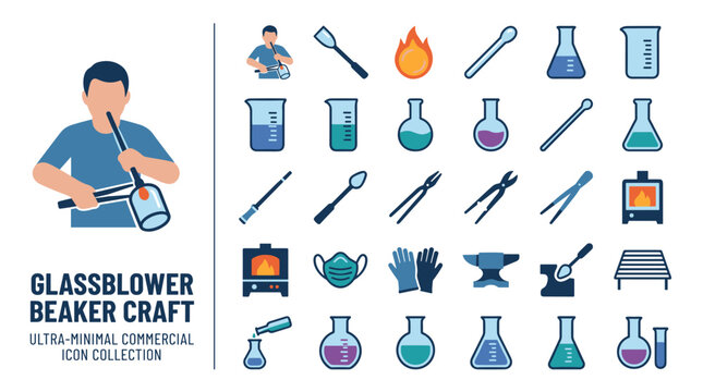 Glassblower Icon Collection with Beakers Flasks Tools Furnace and Safety Gear