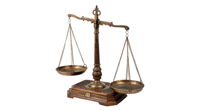 A vintage brass balance scale justice weight instrument isolated on transparent background