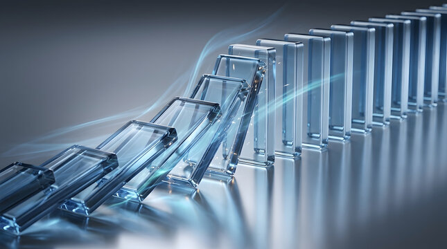Falling glass dominoes create a chain reaction on a reflective surface with ethereal blue light trails, representing concept of cause and effect, momentum, and business strategy.