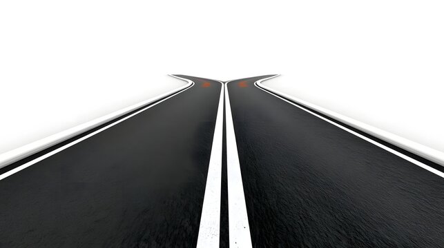 A black asphalt road with white lines splits into two paths against a plain white background  symbolizing choices or direction