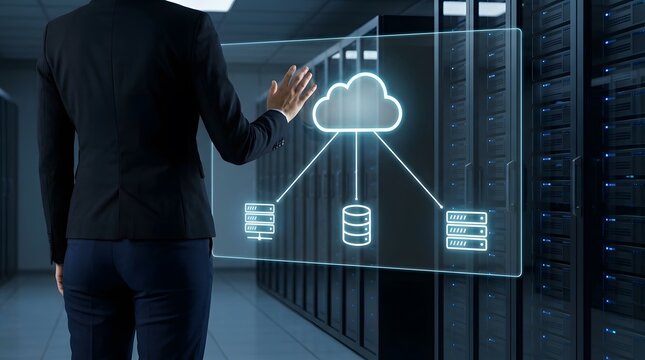 A futuristic depiction of a professional interacting with a holographic cloud interface within a modern data center environment showcasing technological advancement