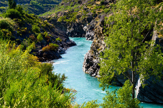 A Turquoise stream winding through a rocky gorge with green and yellow plants in foreground