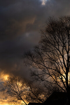 Clouds above rooftops silhouetted against sunset sky