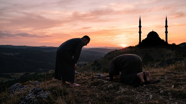 Two Muslims praying outdoors at sunset with mosque silhouette