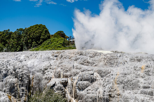 Geothermal steam billows from a rocky surface in a natural hot spring